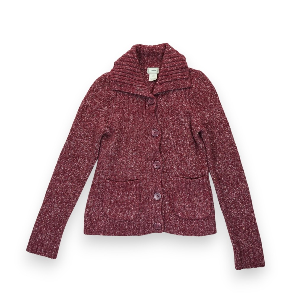 LL Bean Womens Sweater Burgundy Cardigan Small Wool Blend Button Front #278385